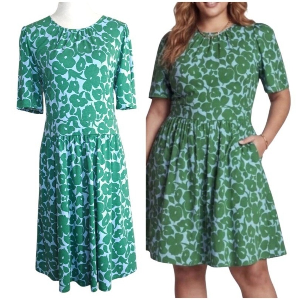 Boden Floral Midi Dress Size 10R Green Blue Short Sleeve‎ Pockets Cotton Tencel
